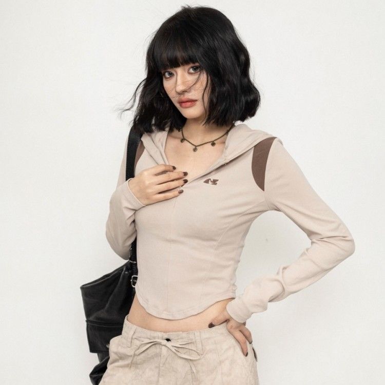 

Girls Casual T-shirts Hoodies Solid Simple Long Sleeve Design Women Y2K Tees Street Wear XL абрикосовий