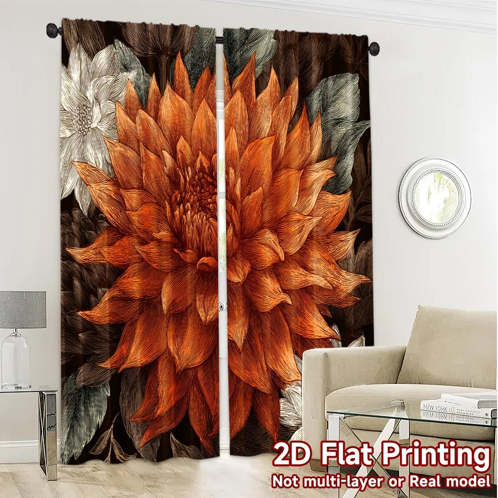 Set Of 2 Flat Printing Curtains Without Rod Floral Elegance Orange Ramadan Festival Durable Polyester Minimalist Made