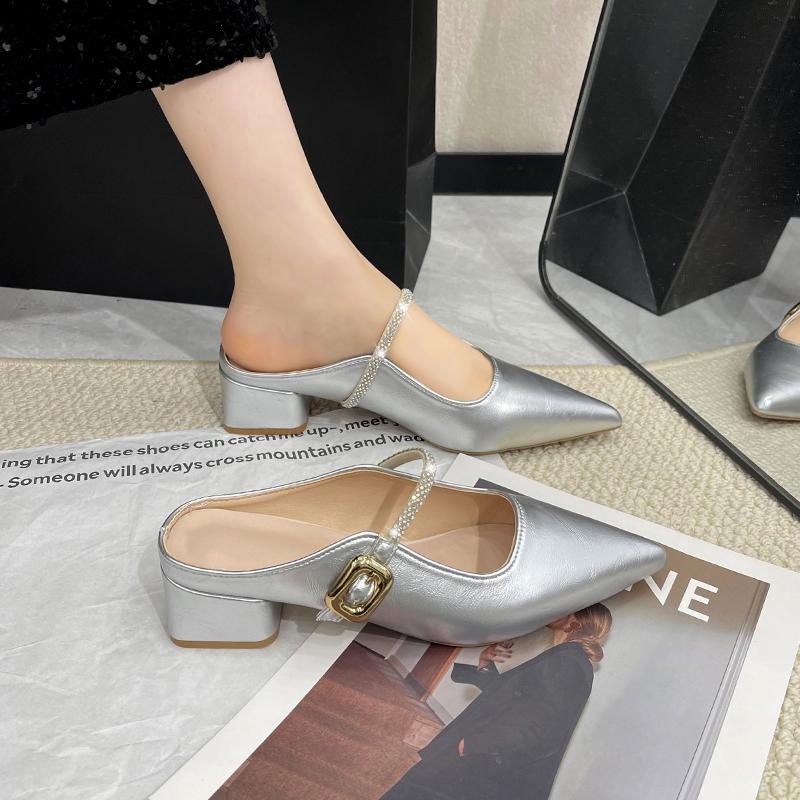 Fashion 2025 Summer Chunky Slippers for Women Fashion Pointy Shallow-cut Sequin Metal Buckle Set Foot Anti-slip Wear-resistant Sandals