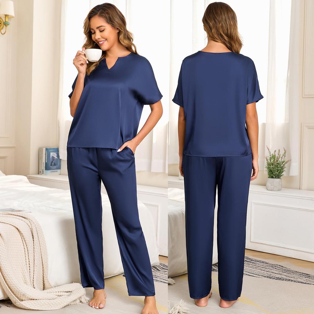 Damska piżama Imitacja jedwabiu 2 częściowe stroje do spania Krótki rękaw V-neck Koszulki Długie spodnie Luksusowy satynowy Wiosna Lato Nocne do spania do wypoczynku
