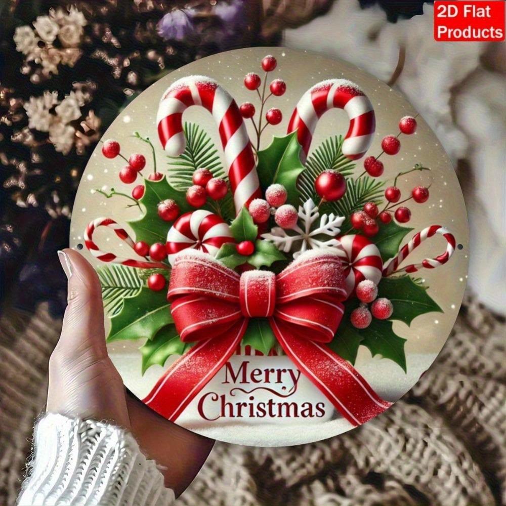 Vintage Metal Tin Sign Candy Canes Christmas Decor Round Wall Hanging Art Home Bar Cafe