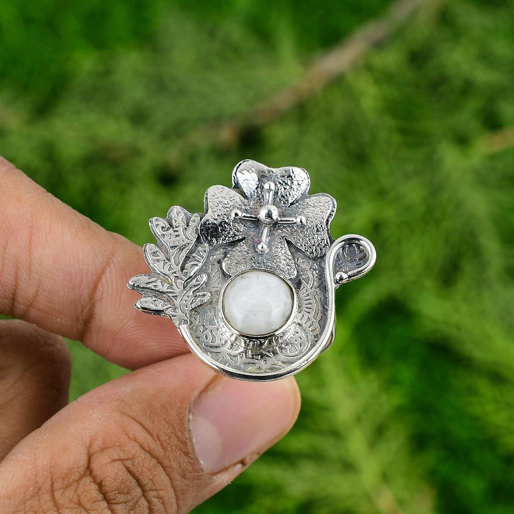 Natural Rainbow Moonstone 925 Silver Stackable Flower Adjustable Ring For Women