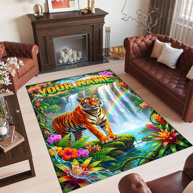 Leopard Theme Crystal Velvet Floor Rug Personalized Custom Name Text Warm Carpet Home Decoration