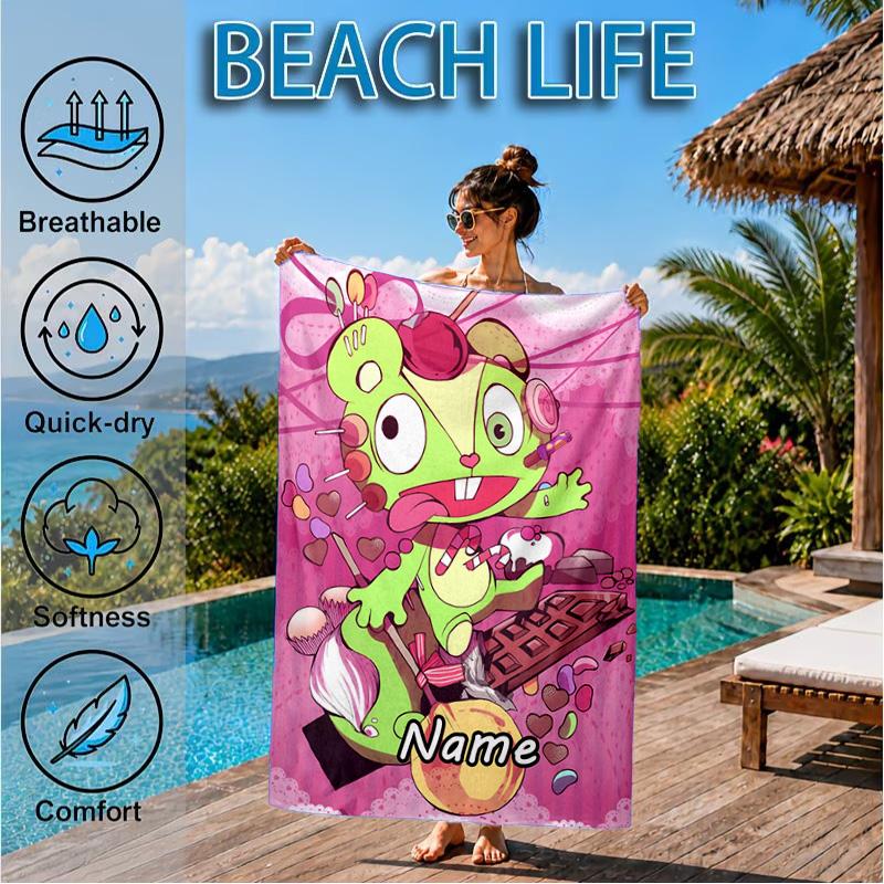Custom Name Happy Tree Celebration Heart In Space Adventure Microfiber Beach Towel, Lightweight for Summer Travel, Swimming Pool Fan Gift