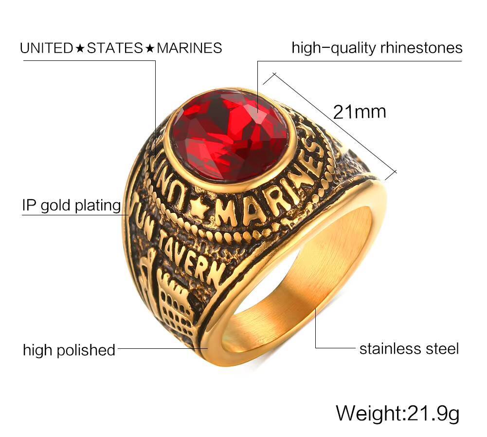 Vnox Punk Red CZ Stone Ring for Men, Gold Plated Stainless Steel Finger Band, Gothic Rock Square Metal Round Ring Jewelry Gifts