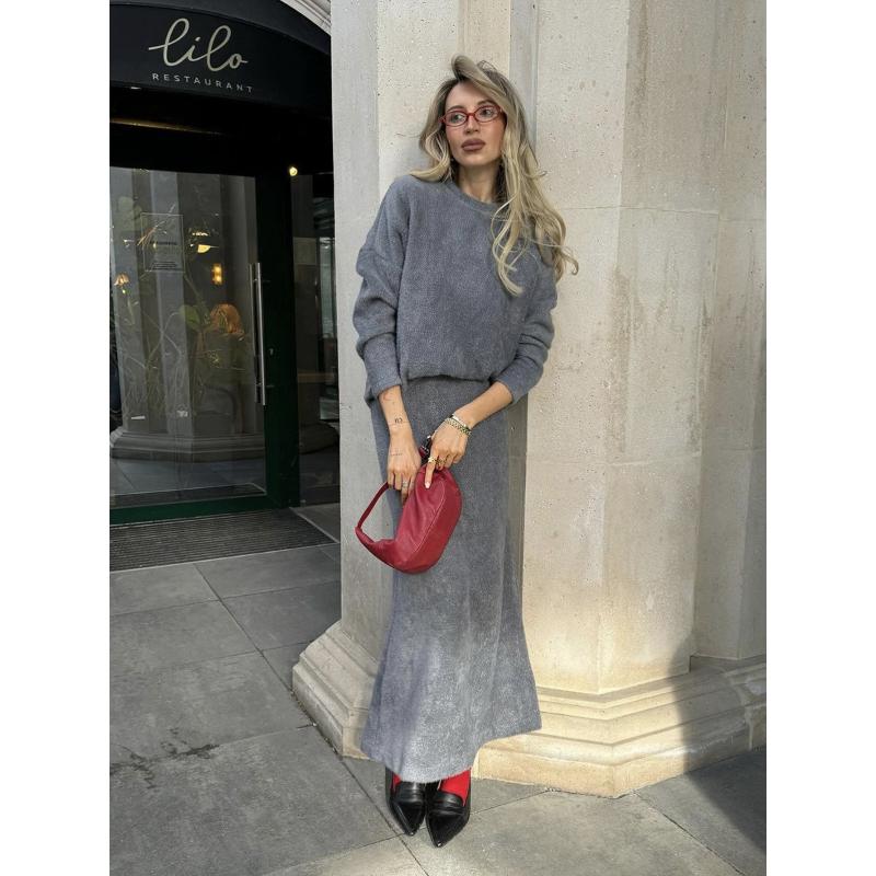 Women's Knitted Sweater 2 Piece Sets Winter Fall Lounge Long Sleeve Top Midi Dress Outfits Casual Chunky Sweater Skirt Sets for Women Loungewear Sets