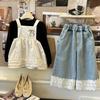 Summer  Blue Jeans Simple Kids Clothes Girls Korean Edition Fashion Lace Decoration Casual Pants