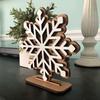 Wooden Snowflake Christmas Ornament Double-Layer 3D Design Hexagonal Shape Statue with Stable Base Table Decor