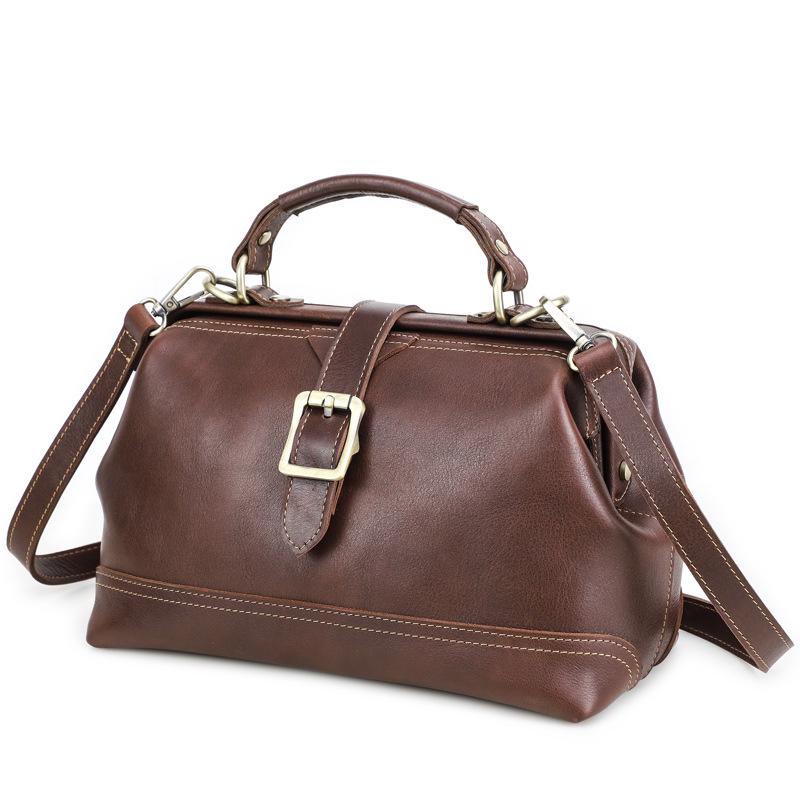 Full-Grain Cowhide Convertible Women's Shoulder Handbag with Metal Hinge Buckle