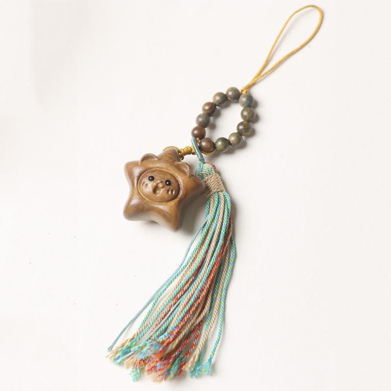 Handmade Green Sandalwood Woven Retro Keychain with Star & Moon Pendant