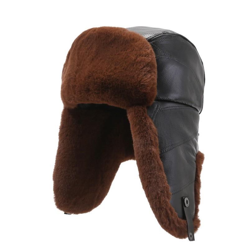 Genuine Leather Winter Hat Men Women Warm Windproof Ear Protection Foldable Trapper