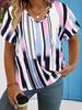 T-shirt Women's Summer Leisure Elegant V-neck Short Sleeve Art Stripe Pattern Top Loose Casual Wear Ladies T-shirt