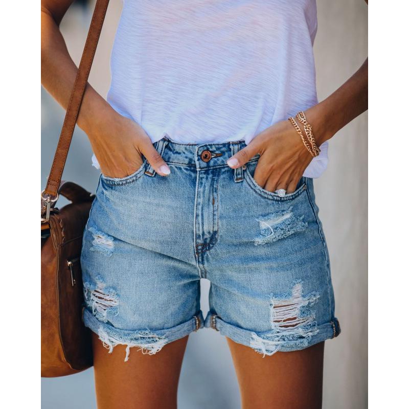 

2025 Summer American Style Women s Ripped Straight Leg Denim Shorts in Stock L светло-синий