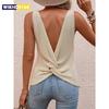 Canottiera Beige da Donna Senza Schiena, Gilet in Maglia con Scollo a V Profondo e Nodo Intrecciato sull'Orlo, Vestito Estivo aderente per Serata Romantica Casual
