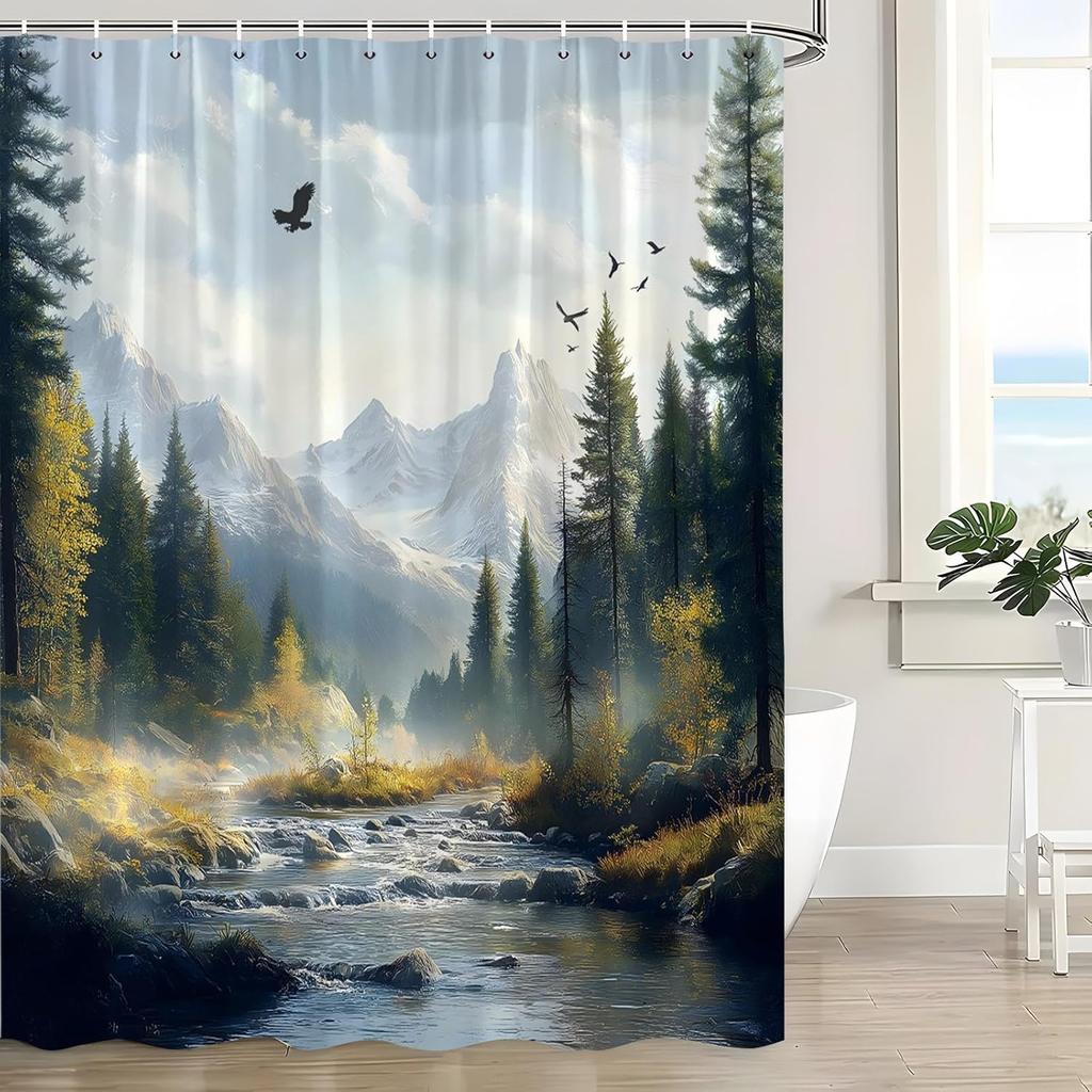 Eagle Forest Shower Curtain Spring Mountain River Tree Nature Scenery Landscape Wild Animal Jungle Wildlife Rustic Farmhouse