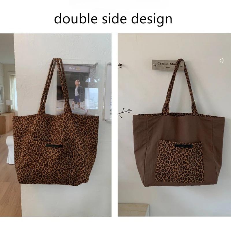 Leopard Print Double-sided Shoulder Bags for Women Casual Girls Class Ladies Tote Bag Large Capacity Female Shopping Handbags