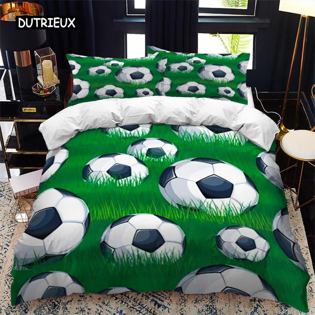 Soccer Duvet Cover Set 2/3pcs FootBall Print Bedding Set with Comforter Cover and Pillowcases Ball Theme for Kids Teens Adults