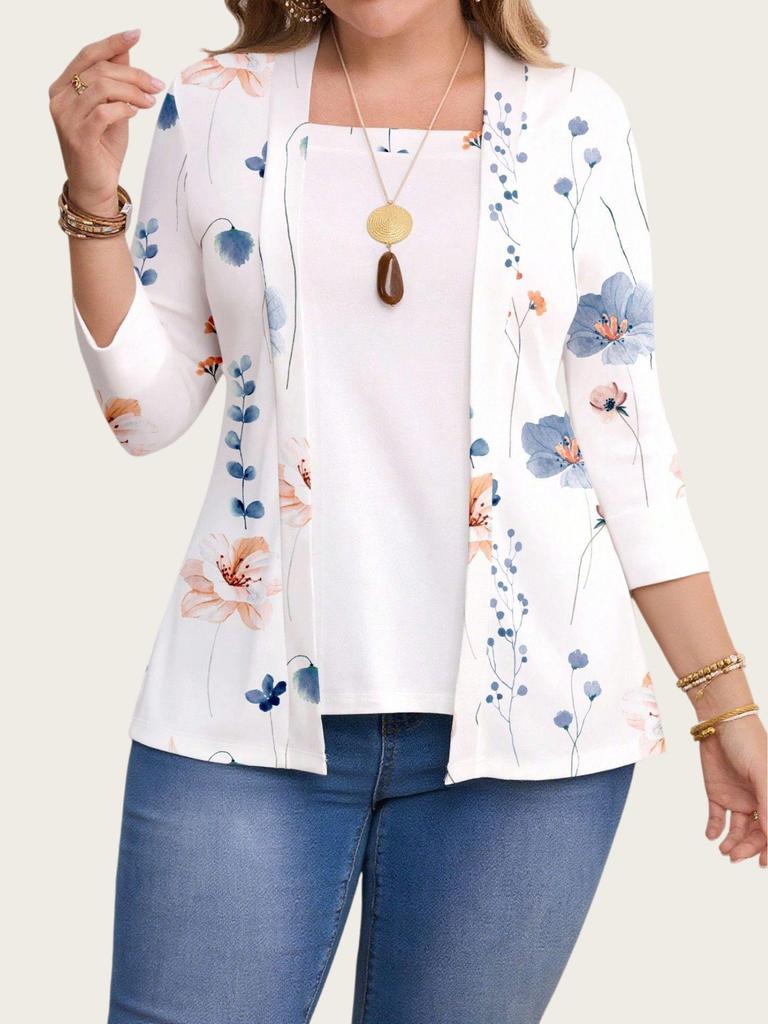 2025 Plus Size Floral Print Casual Two-Piece Seven-Sleeve Top for Women