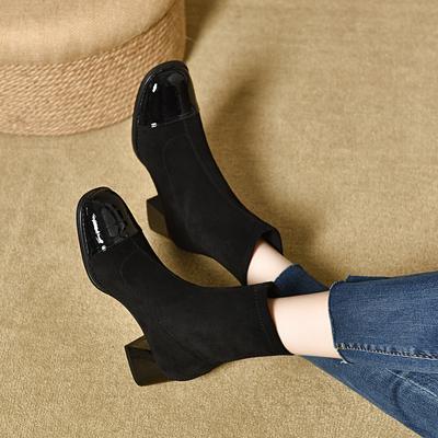 Elastic Boots Women's Autumn and Winter New Simple Temperament Square Head Short Boots Black Fashion Boots Thick Heel Cotton Boots