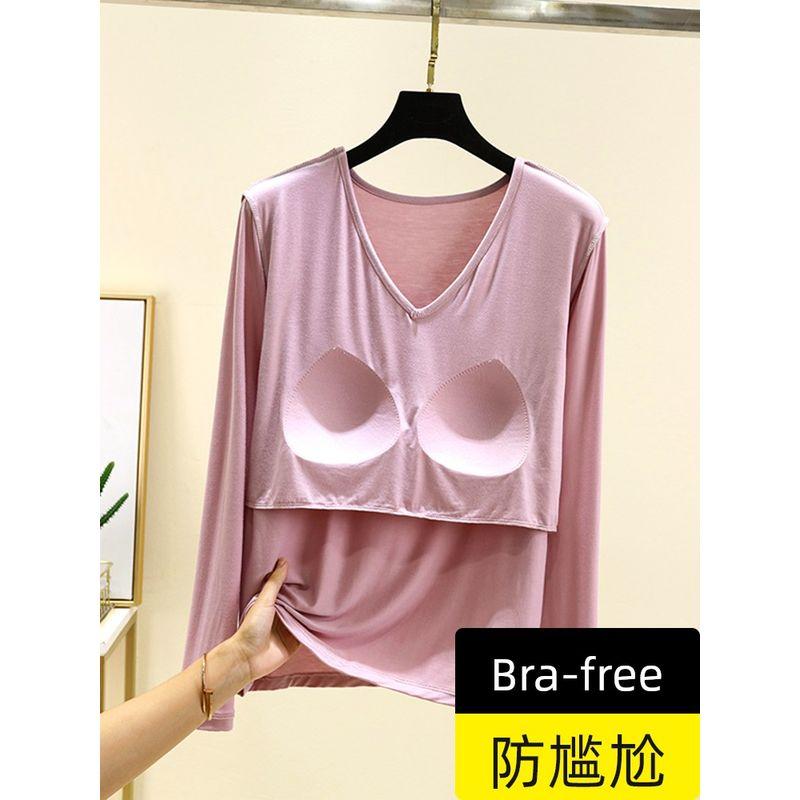 With Chest Pad Modal Long Sleeves Shirt Women Autumn Loose V-neck All-Match Casual Bottoming Shirt Thin Plus Size Top