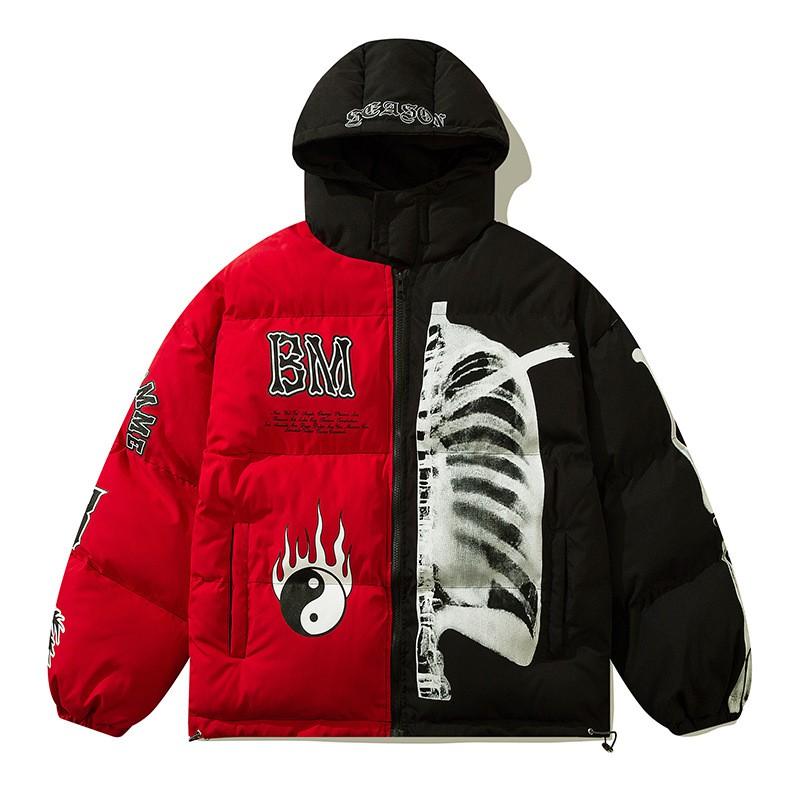 Mens Oversized Hooded Cotton Puffer Jacket Streetwear Winter Coat With Print Design