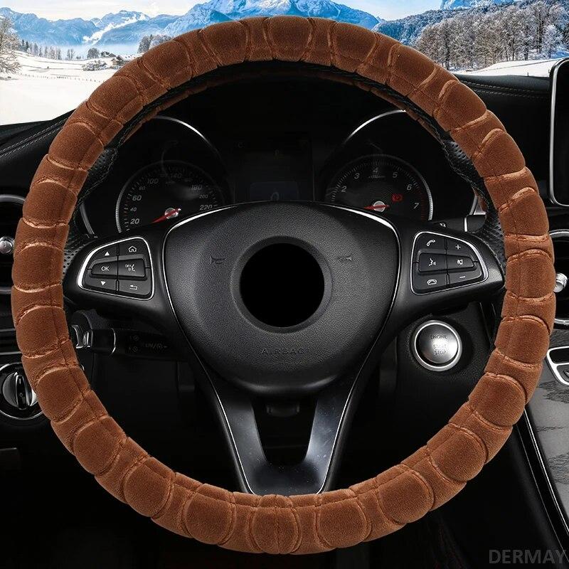 DERMAY Winter Kurzer Plüsch Auto Lenkradbezug Rutschfest Größe M für Außendurchmesser des Lenkrads 37-38cm Kostenloser Versand