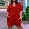 Plus Size Womens Casual V Neck Pockets Short Sleeve Jumpsuits Wide Shorts Rompers (S-5XL)