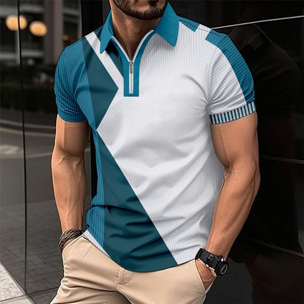 New European and American Men's Collar Fashionable Slim Fit Color Blocked Men's T-shirt POLO Shirt