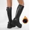 Gdgydh Comfortable All-Season Motorcycle Boots for Women Flannel Lining Warm Fleece-Lined Insole Knee High Boots Buckle Strap