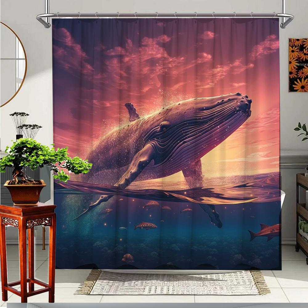 1pc Ocean Whale Shower Curtain - Vibrant Underwater Scene with Majestic Whale & Fish Design, Sunset Sky & Oceanic Theme, Durable