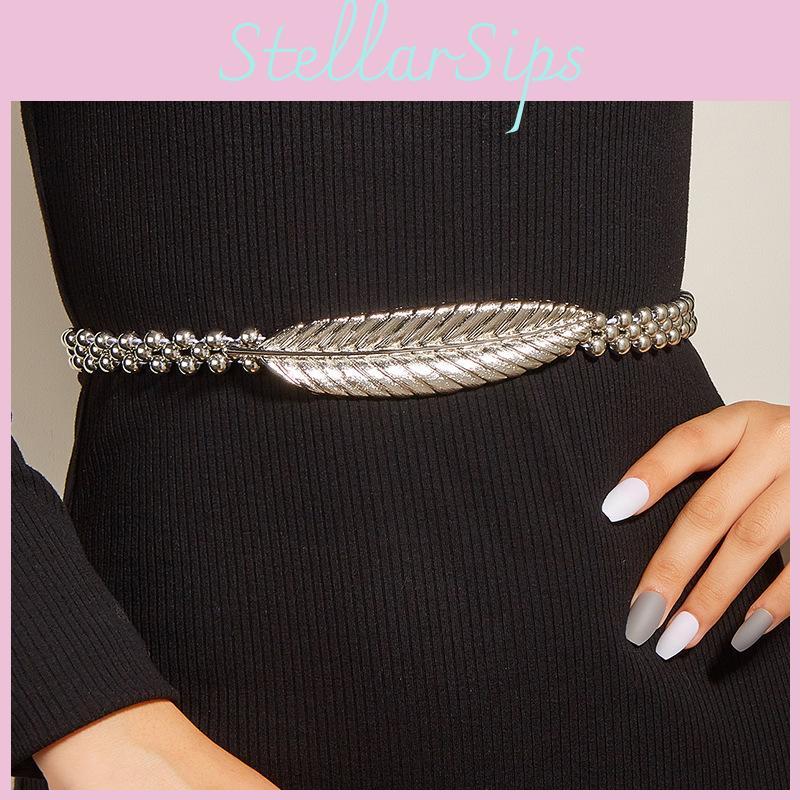 Metal Buckle Waist Chain For Women Elegant Dresses With Pearl Leaf Design And Hook Closure