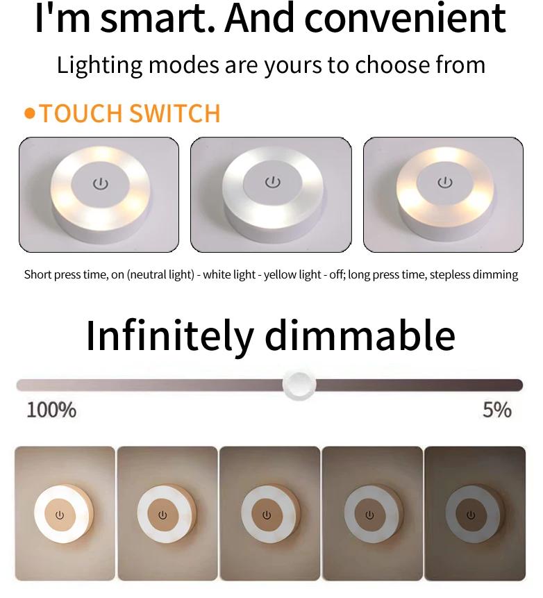 6CM Round Rechargeable LED Night Light Touch Sensor 3 Color Dimmable Wall Lamp for Bedroom Cabinet Closet Kitchen Staircase