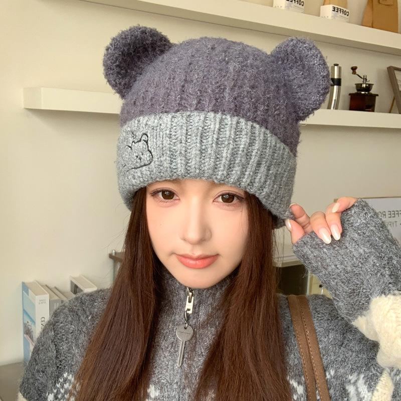 Lazy bear ears knitted hat winter cartoon embroidery hat women's soft waxy skin-friendly versatile wool hat