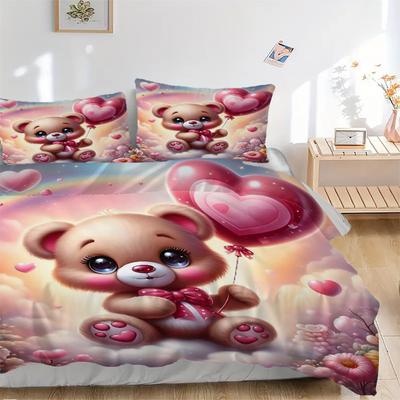 3pcs Anime Teddy Bear Heart Balloon Bedding Set - Includes One Quilt Cover and Two Pillowcases (No Core) - Polyester Fabric, Perfect for Bed