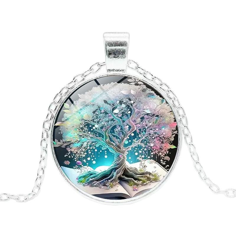 Time Gem Tree of Life Pattern Round Glass Alloy Pendant Necklace