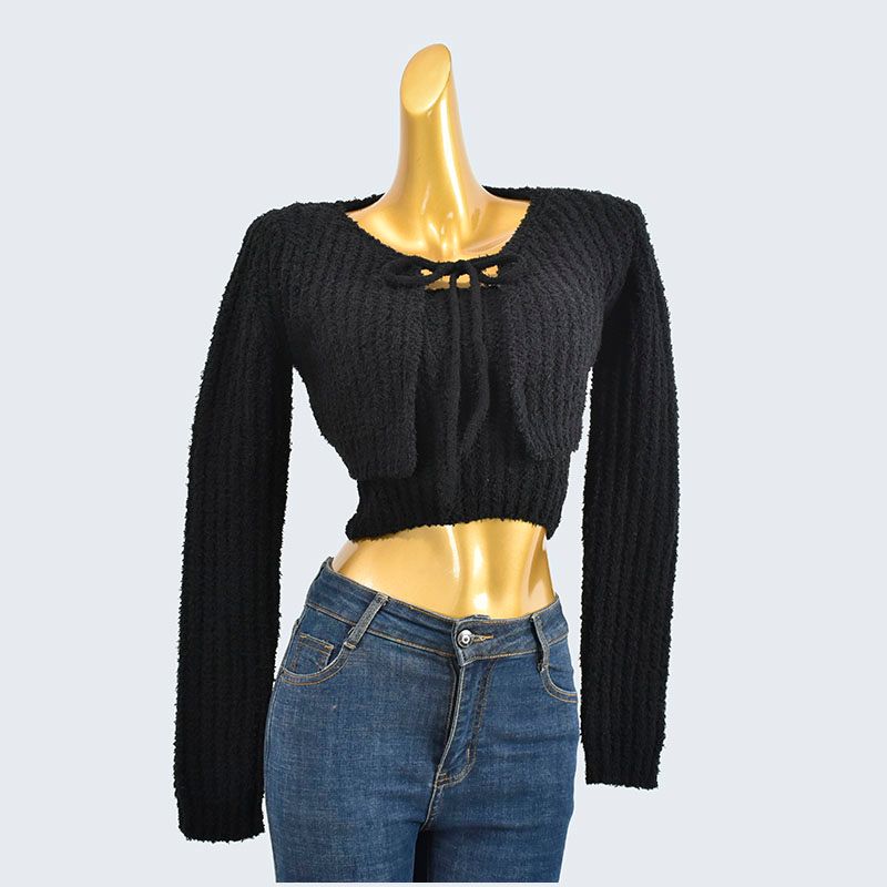 

Fashion Pullover Sling Flat Wrapped Chest Knitting Pure Color Sling + Knotted Short Long Sleeves Cardigan Two-Piece Suit Black One size