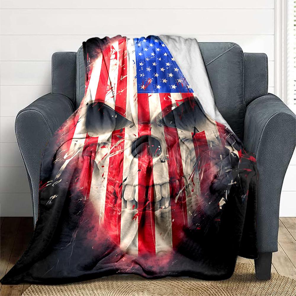 1pc Patriotic Skull Blanket, Lightweight Flannel Blanket For Sofa, Bed, Travel, Camping, Living Room, Office, Couch, Chair228