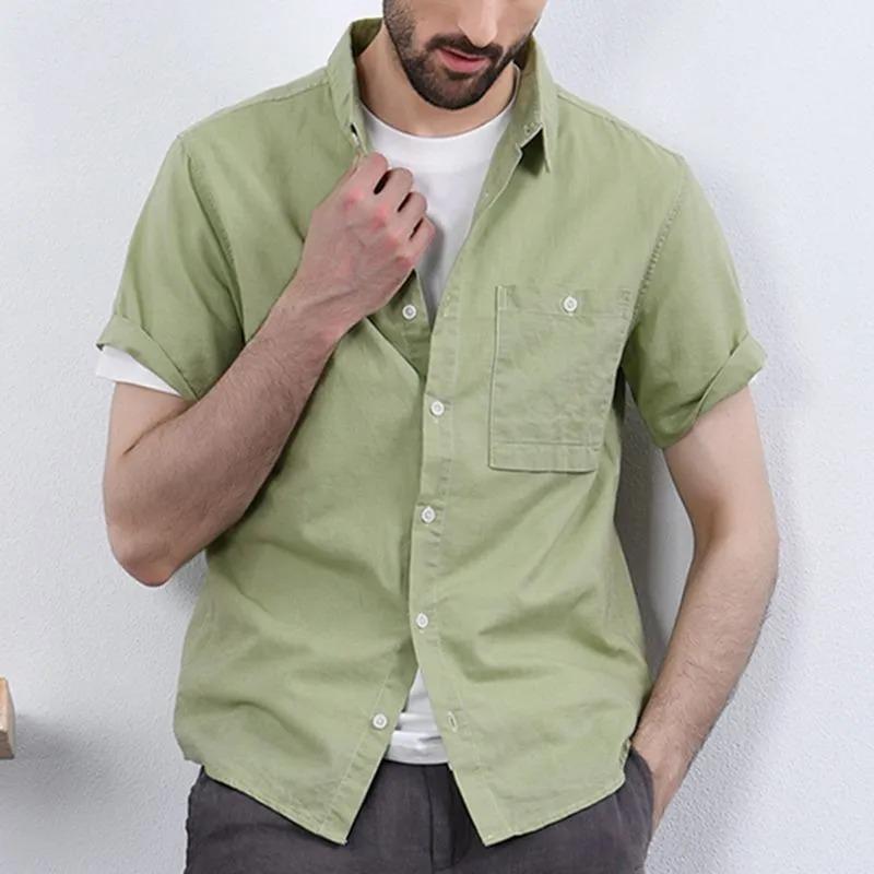 

Men s Light Green Linen-Look Short Sleeve Shirt Casual Button-Down with Chest Pocket S