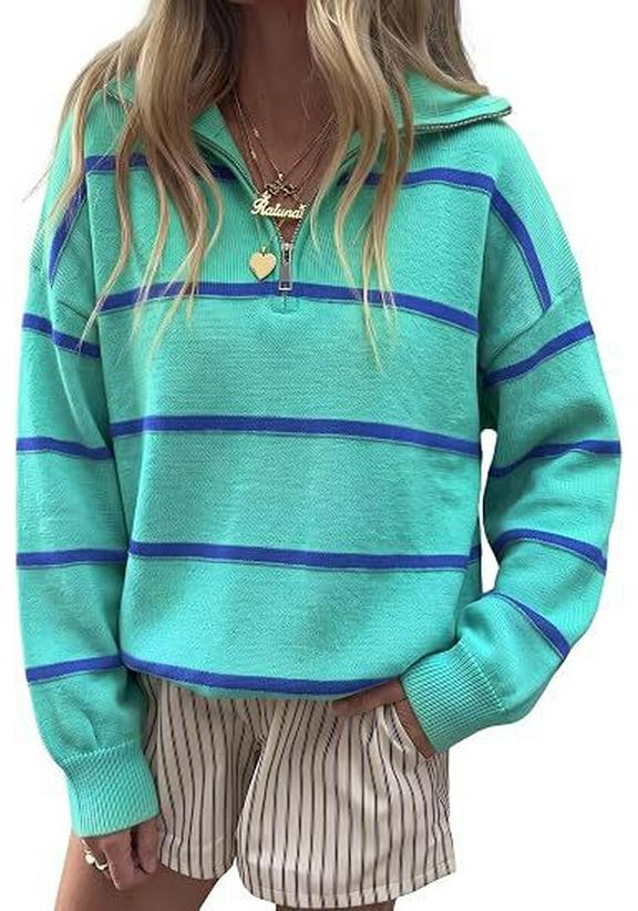 2026 Fall/Winter Women's Striped Zipper Sweater - Loose European and American Fashion Knit Pullover