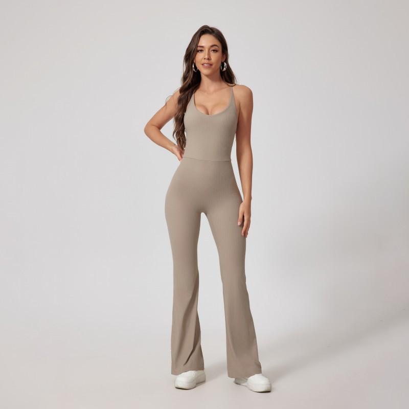 Seamless Ribbed Cutout Back Tight Yoga Jumpsuit Butt Lifting Gym Workout Bodysuit