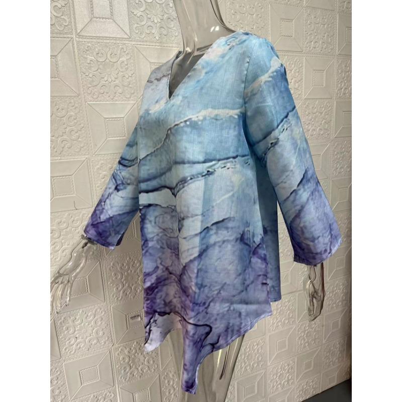 Spring Summer V-neck Printing Fashion Women Blouse New Casual Loose Irregular Top T-shirt Large Size Simple Elegant Office Shirt Women's Clothing