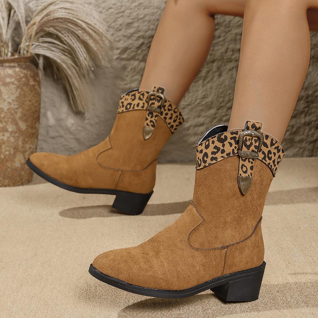 Fashion New 2025 Women's Ankle Boots Leopard Print Splicing Chunky Heels Western Cowboy Boots Trendy Autumn Winter Casual Shoes