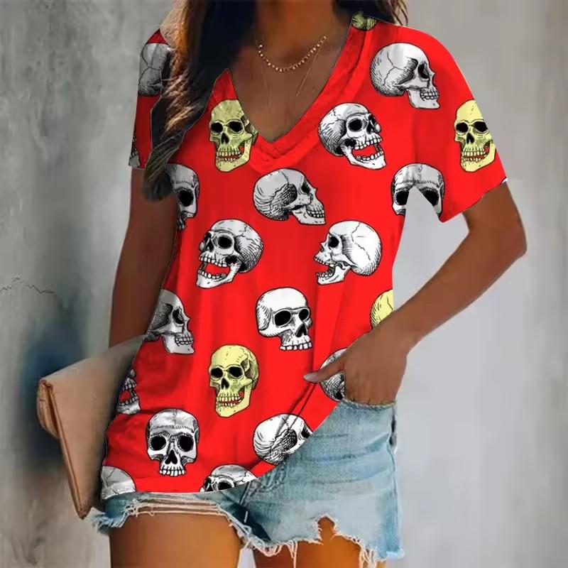 Women's Short-Sleeved T-Shirt V-Neck 3d Printed Skull Pattern Oversized Women's Top Y2K Style Summer Casual T-Shirt