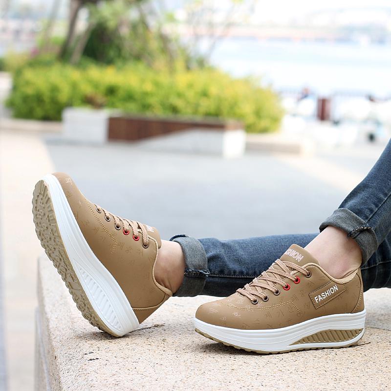 Fashion Women Running Sports Shoes Rocker Shoes Breathable Platform Shoes PU Leather Casual Walking Wedge Heels
