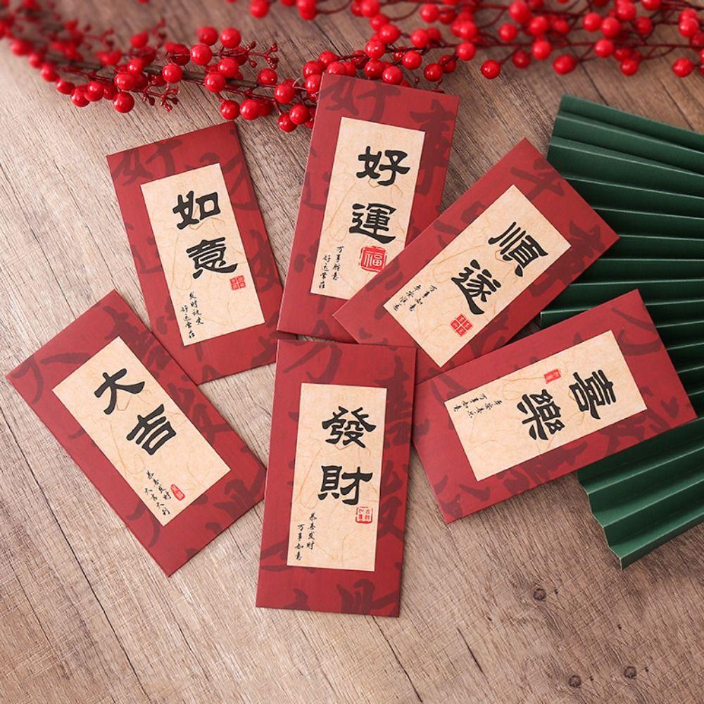 6pcs/set Best Wishes Red Packet Blessing Words HongBao Calligraphy Red Envelope Lunar New Year