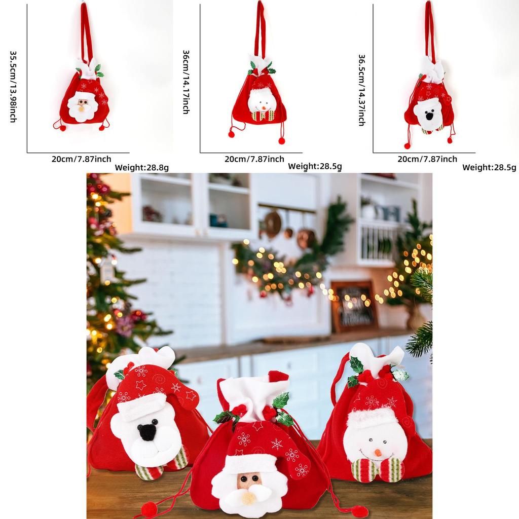Adorable Christmas Candy Bag Featuring Santa Claus Snowman Gift Design With Drawstring Closure