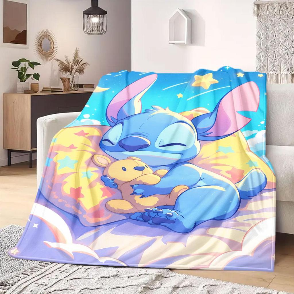 Stitch Cartoon Print Flannel Blanket for Picnics Travel Bedrooms Sofas Beds Chairs Home Decor Style