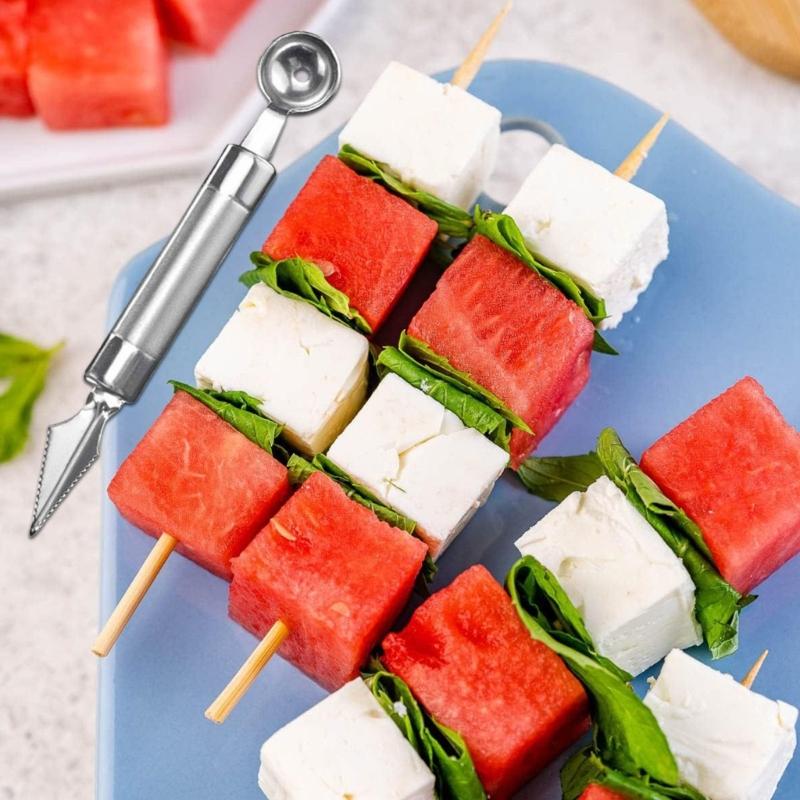 Set di 3 Utensili Professionali in Acciaio per Tagliare la Frutta Include Affettatori per Cubetti di Anguria e Cucchiaio-Forchetta per Palline di Melone