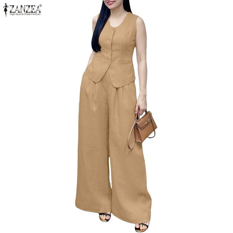 ZANZEA Women Sleeveless Vest Tops and Pants Casual Two Piece Suit Sets