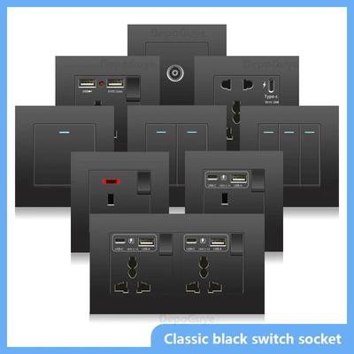 Schwarze UK 13A Wandsteckdose mit USB Typ C 18W Schnelllade-Steckdose, Universelle Wandsteckdose 220V Elektrischer Lichtschalter